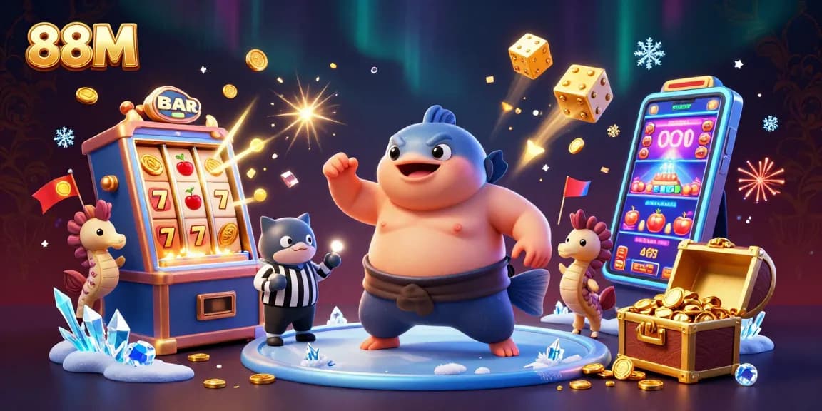 88M showcases a vibrant underwater casino scene with a cartoon fugu and slot machine excitement.