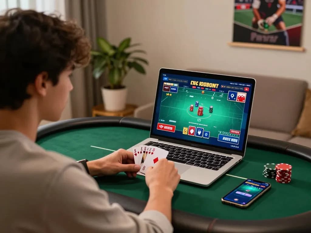 Engaging online gaming session at 5699 com with player analyzing poker cards.
