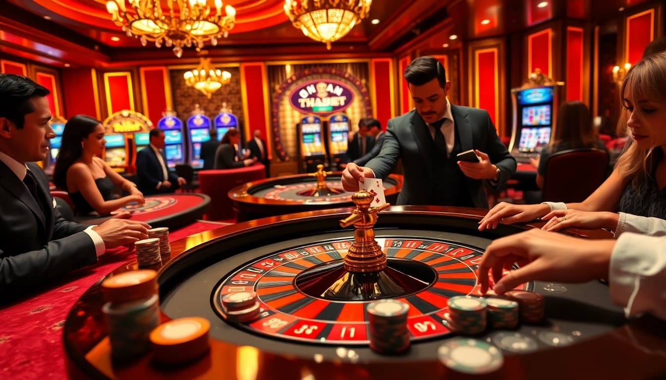 Exciting gaming action at Thabet casino featuring players betting at a roulette table.