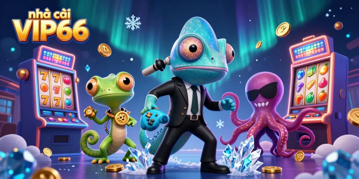 Experience thrilling gaming action with nhà cái VIP66's vibrant casino environment featuring animated characters and energetic slot machines.