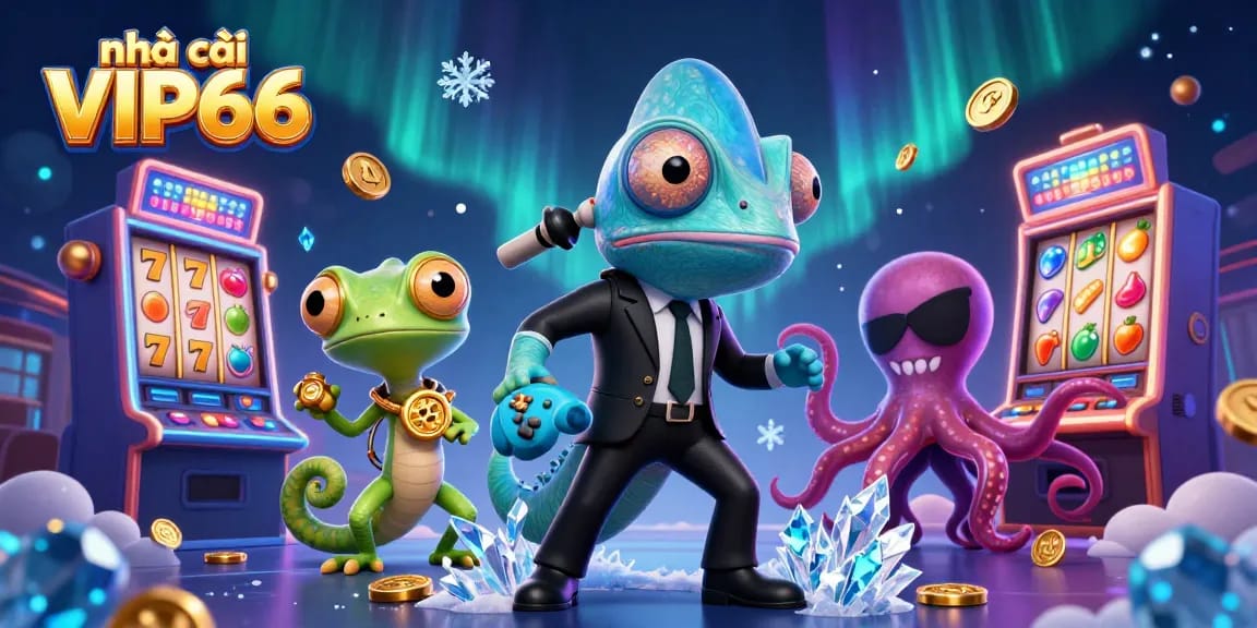 Experience thrilling gaming action with nhà cái VIP66's vibrant casino environment featuring animated characters and energetic slot machines.