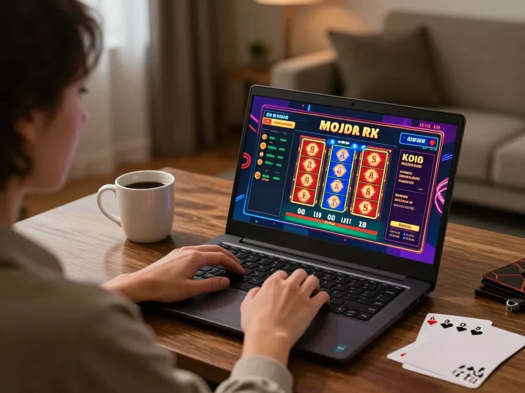 RR88 player engaging in online gaming on a laptop in a cozy setting, showcasing modern gambling.