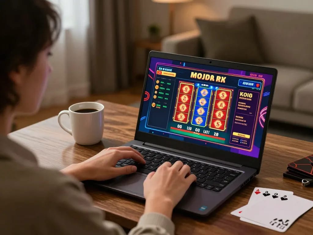 RR88 player engaging in online gaming on a laptop in a cozy setting, showcasing modern gambling.