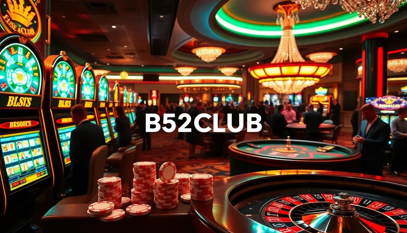 B52CLUB poker players engage in a thrilling game at a vibrant casino table
