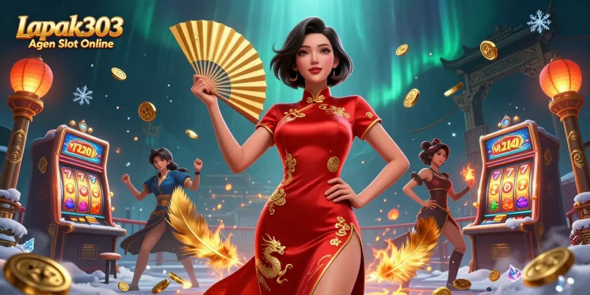 Play slots with excitement at Lapak303 Agen Slot Online, featuring a captivating Asian lady amidst golden coins.