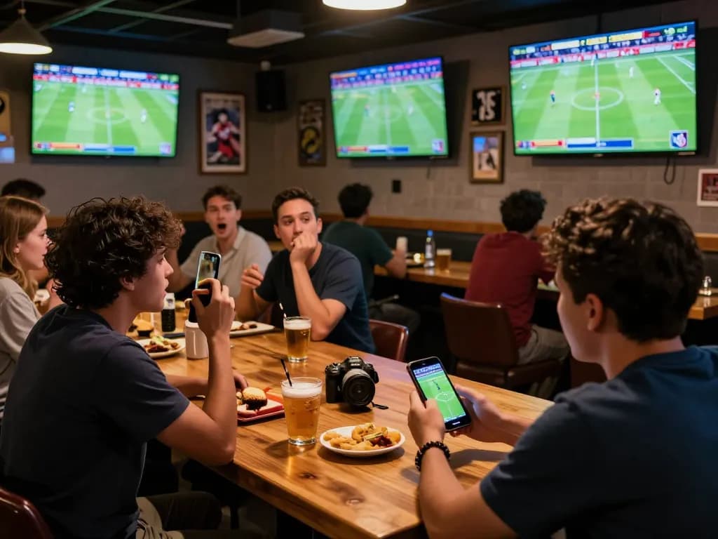 Betting enthusiast using a smartphone to xem trực tiếp bóng đá in a lively sports bar, surrounded by screens showing matches.