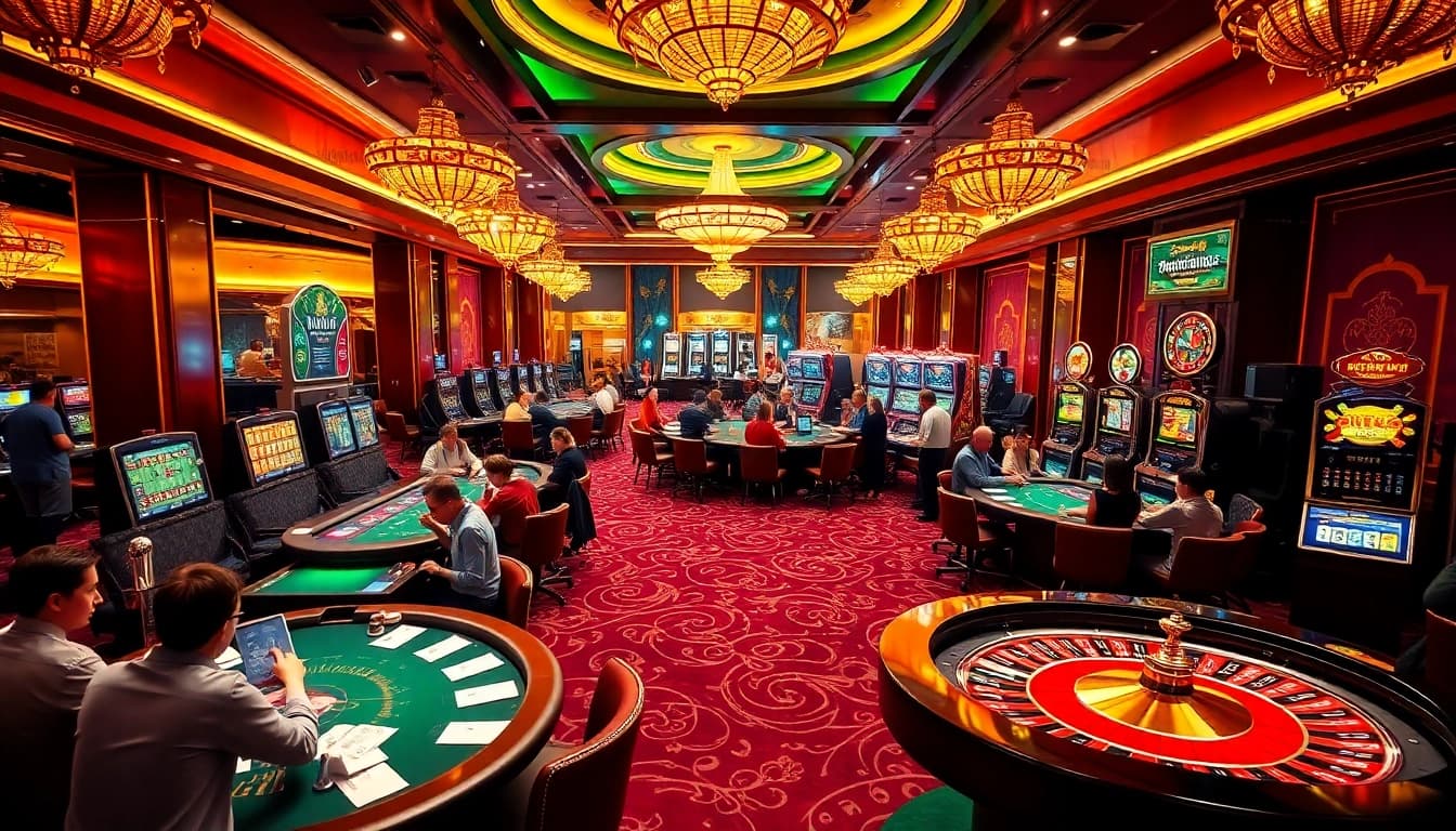 Experience thrilling action at Nhà Cái 68VIP in a vibrant casino setting with roulette and poker tables.