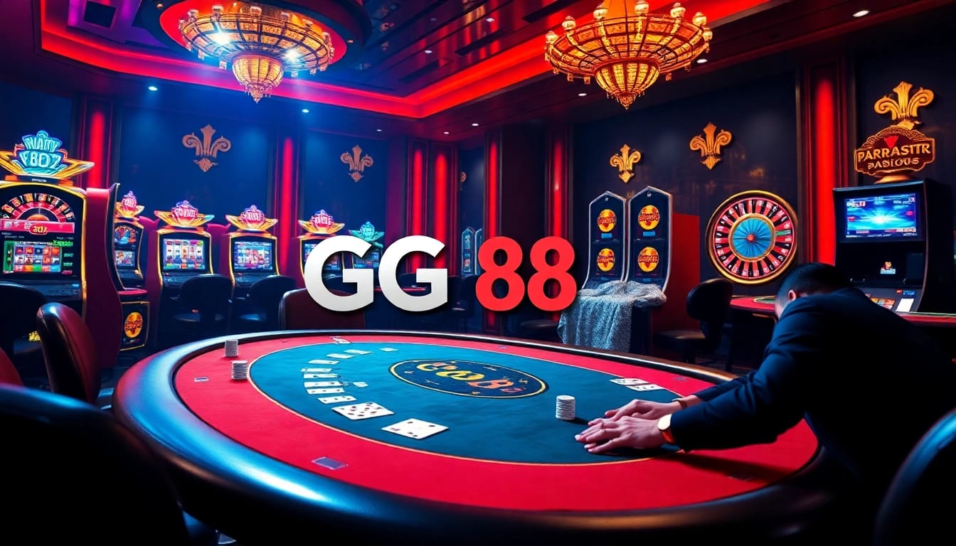 Players enjoying an exciting game at GG88 casino with vibrant slot machines and poker tables.