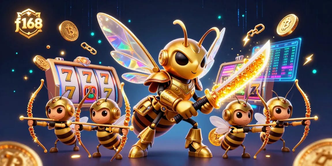 Engage with f168's vibrant casino scene featuring golden hornet warriors amidst slot reels and crypto elements.