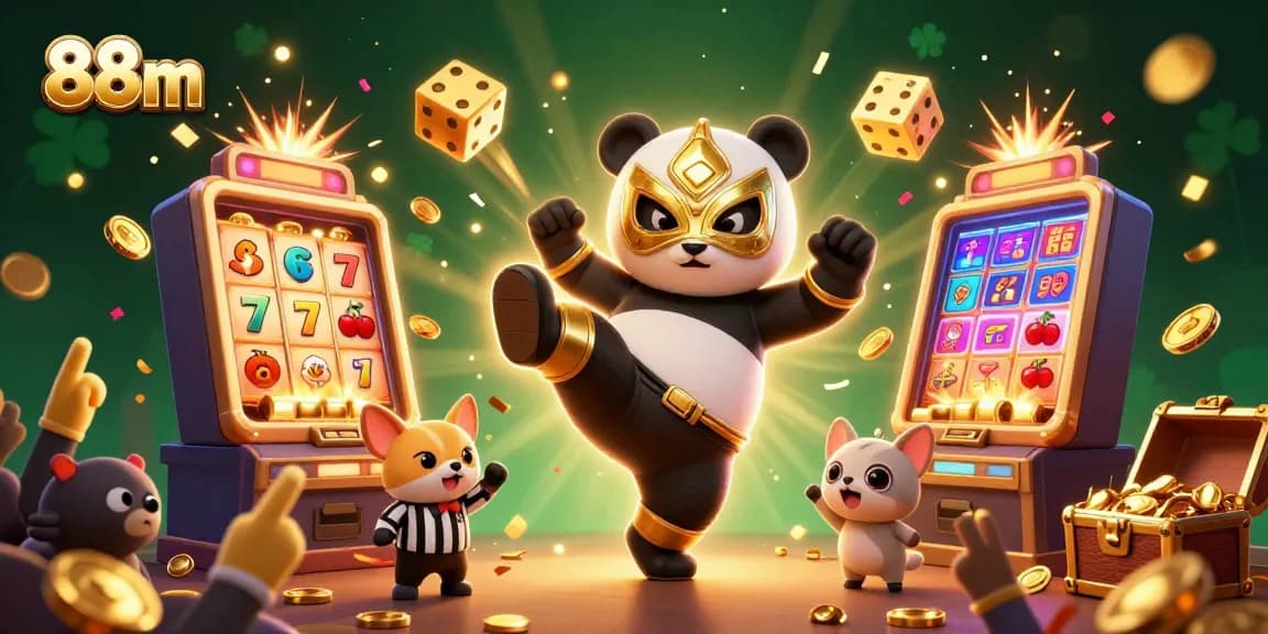 Engage with 88m's thrilling casino environment featuring a panda wrestler, jackpot explosions, and a fun audience.