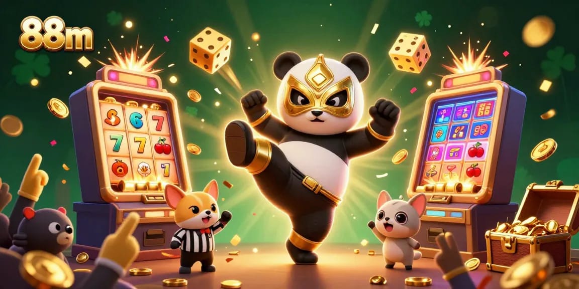 Engage with 88m's thrilling casino environment featuring a panda wrestler, jackpot explosions, and a fun audience.
