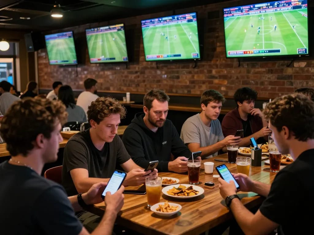 Enthusiasts engaging with keo nha cai at a bustling sports bar, capturing the social excitement of live betting