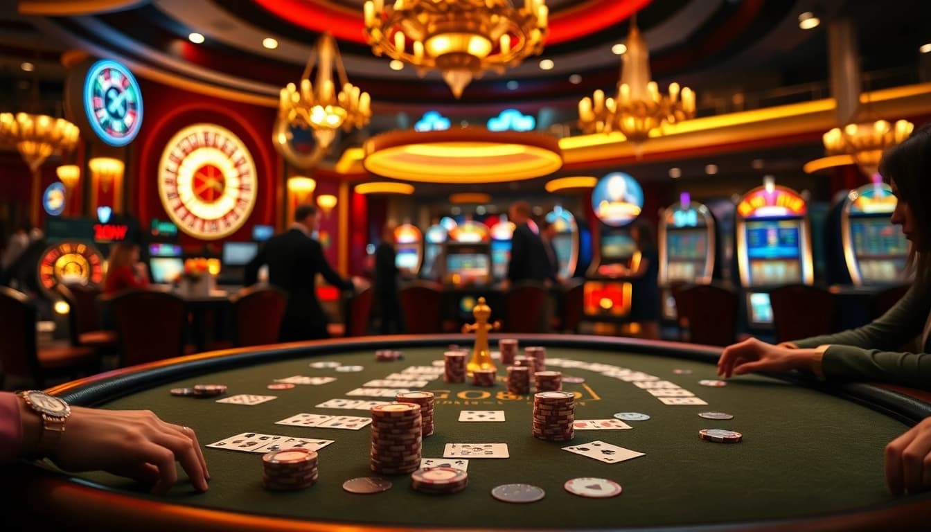 Players enjoying a professional GG88 poker game in a luxurious casino setting.