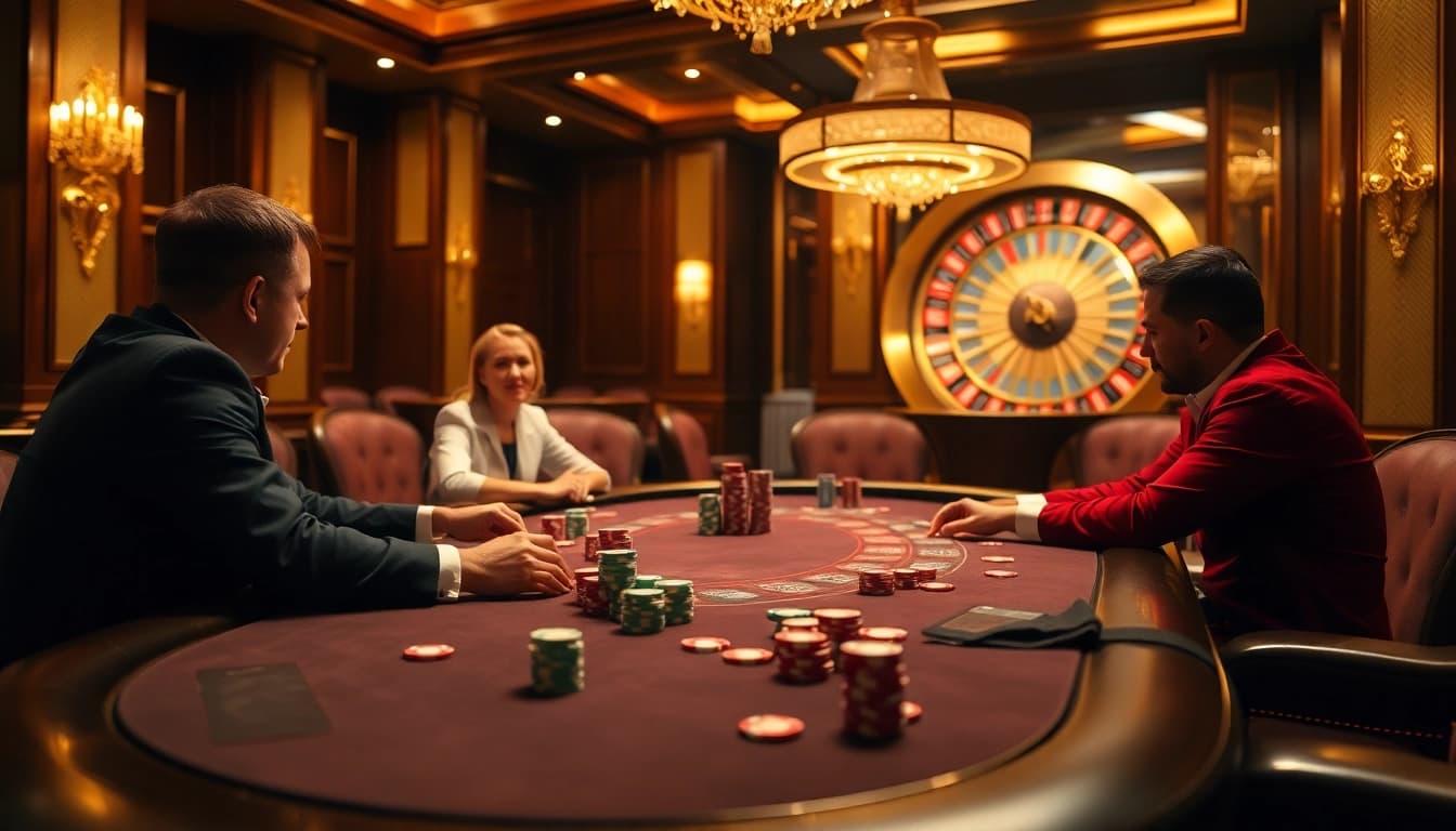 Excited players engaging at a poker table, representing https://bem88.com casino experience.