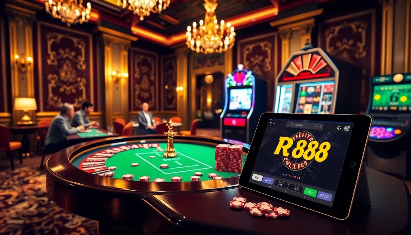 Players enjoying various games including the RR88 apk in a luxurious casino setting.