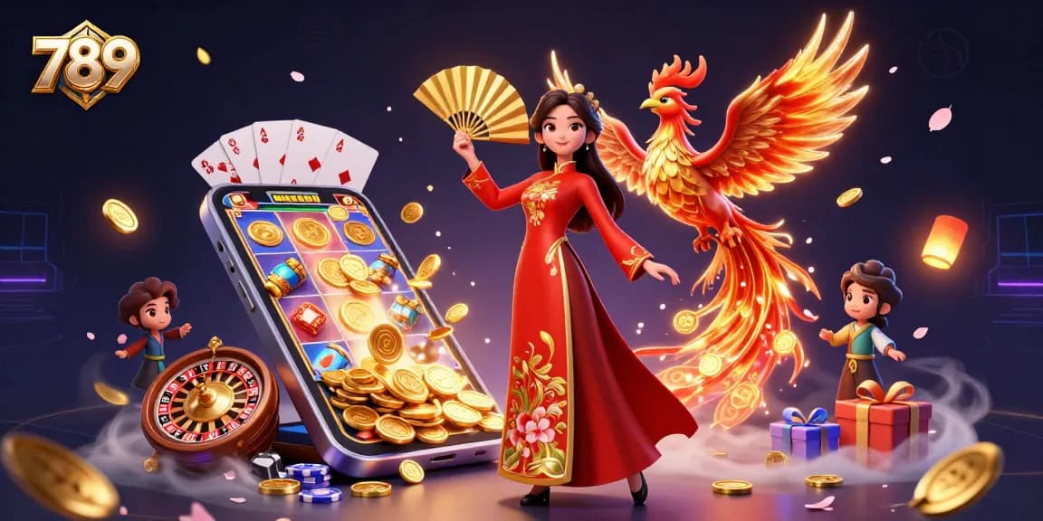 Win at 789 by spinning the vibrant slot reels and claiming golden rewards in this dynamic casino scene.