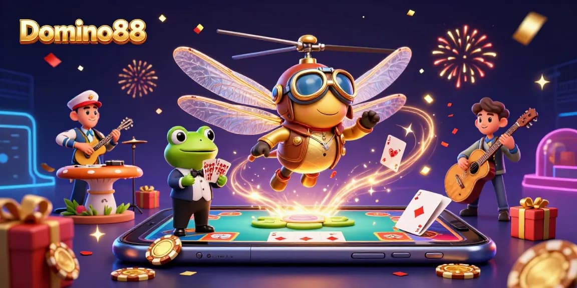 Play exciting poker games with Domino88 featuring a 3D dragonfly pilot and cards dealt by a frog croupier.