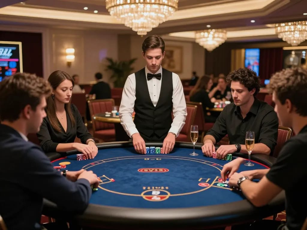 LV88 players strategizing at an exclusive poker table in a vibrant casino atmosphere.