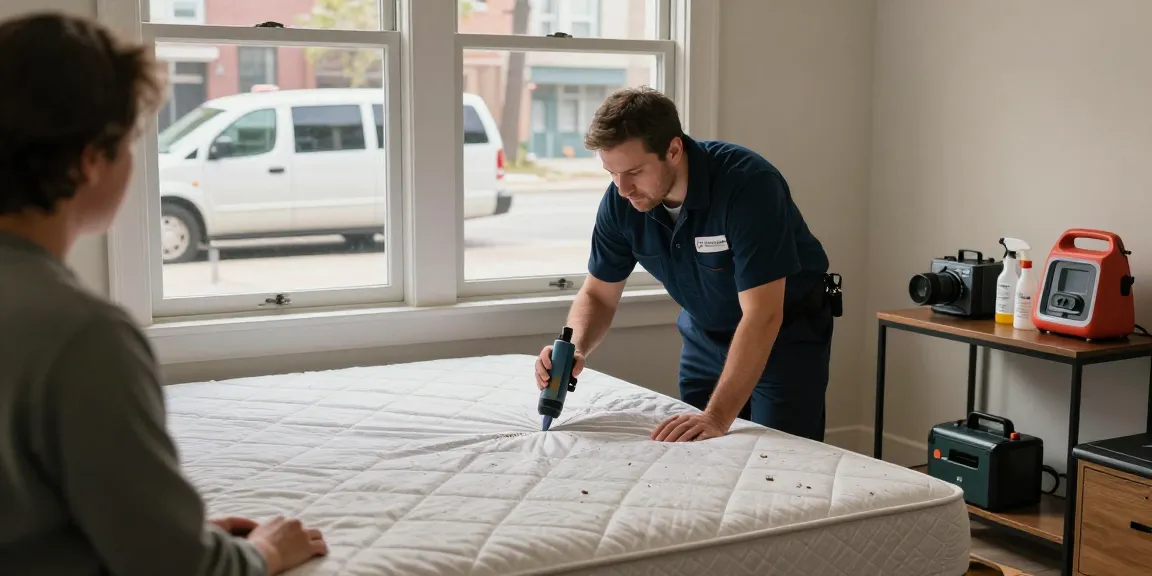 Professional bed bug treatment in Milwaukee apartment with discreet exterminator inspecting mattress and pest control tools.