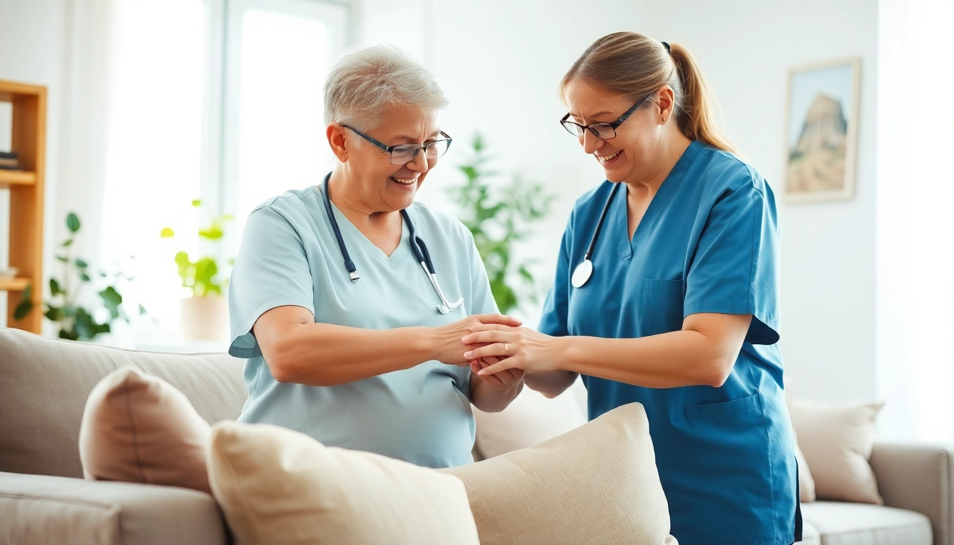 Care at home being provided by a professional caregiver to an elderly person in a warm living room.