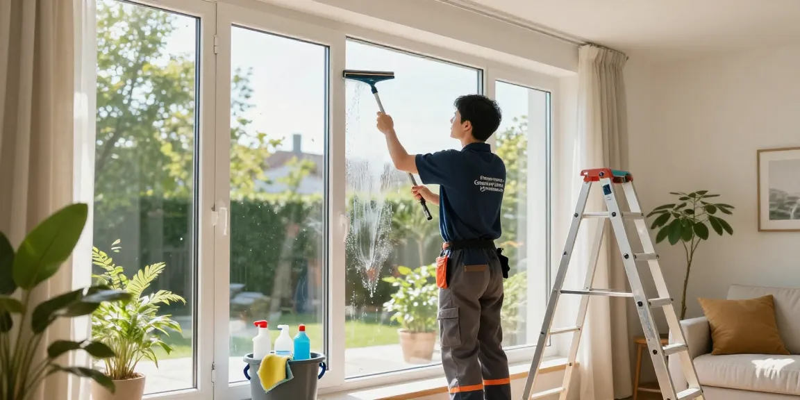 Professional window cleaner showcasing glasreinigung preis in bright residential environment, emphasizing cleanliness.