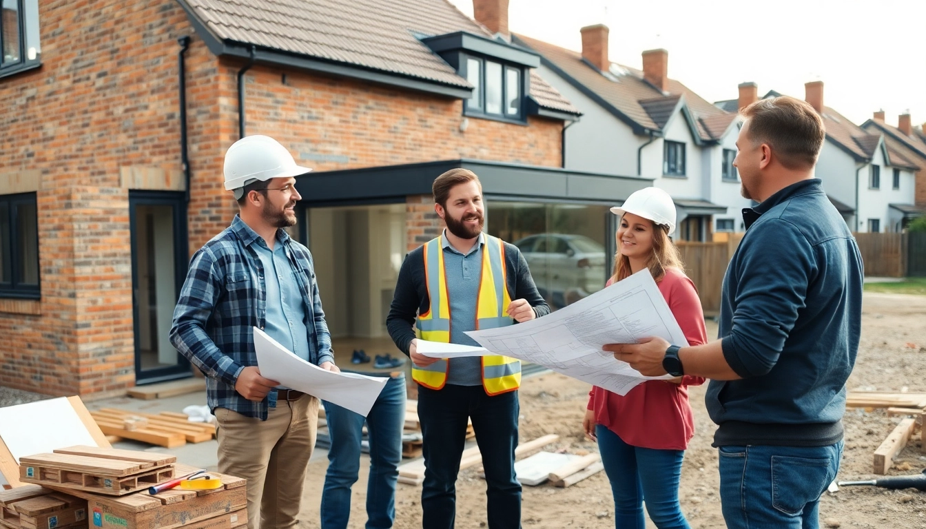 house extension construction with builders discussing plans on-site