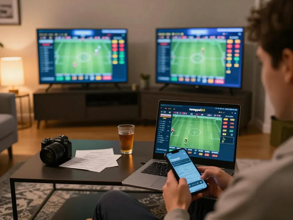 Engaging plays with nowgoal 2in1 in a cozy home betting setup, smartphone and laptop displaying live scores and odds