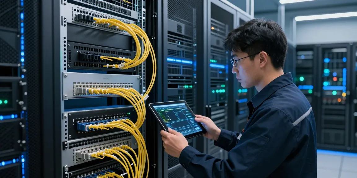 Technician inspecting lc connectors in a modern data center, showcasing advanced fiber optic connectivity solutions.