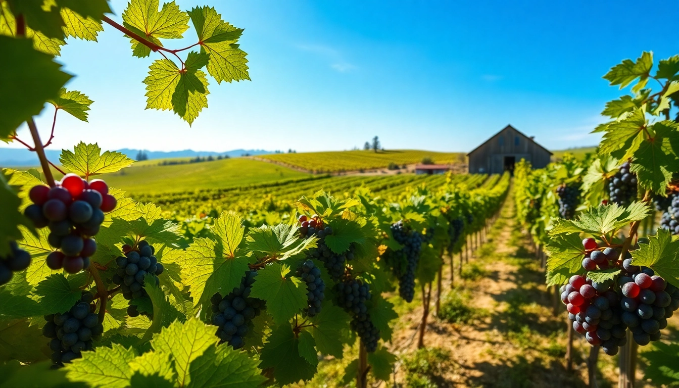 Delightful view of Clarksburg CA wineries with sunlit grapevines under an azure sky.
