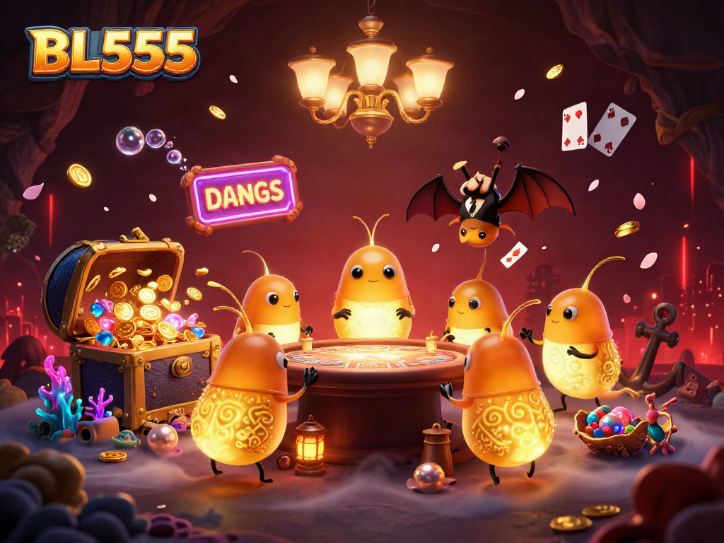Experience the thrill of BL555 with glowing characters illuminating a vibrant cave casino scene.