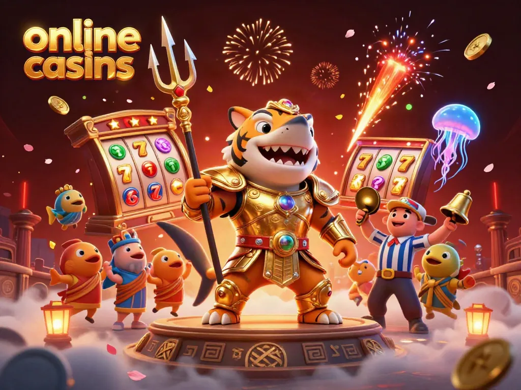 Engage with online casinos in a vibrant underwater arena featuring a golden gladiator shark and cheering fish.