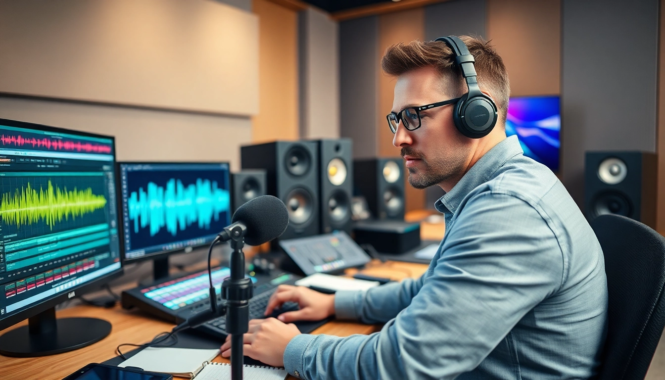 Engineer focusing on online mastering with vibrant soundwaves in a bright studio.