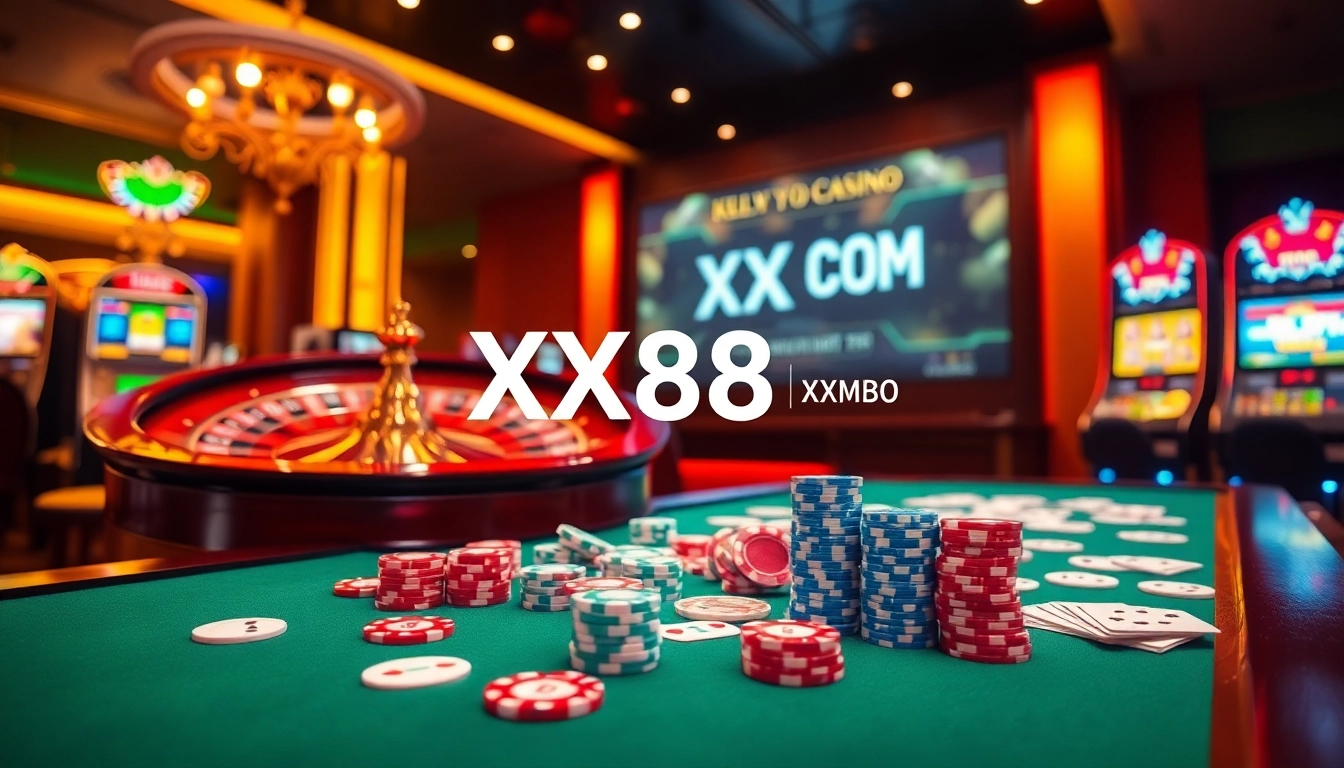 Experience the excitement of winning at XX88 COM with a vibrant casino scene featuring poker tables and slot machines.