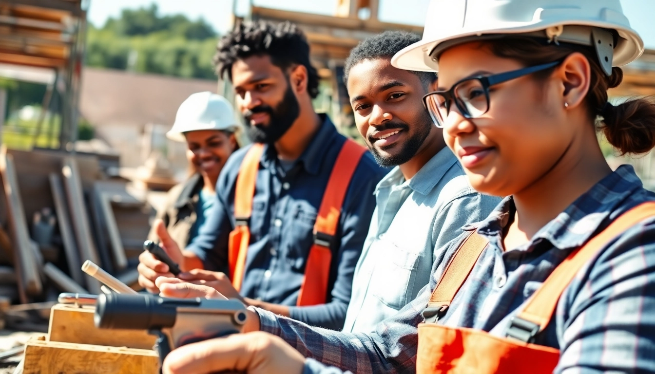 Construction workers in a dynamic contractor apprenticeship program demonstrating teamwork and skill development.