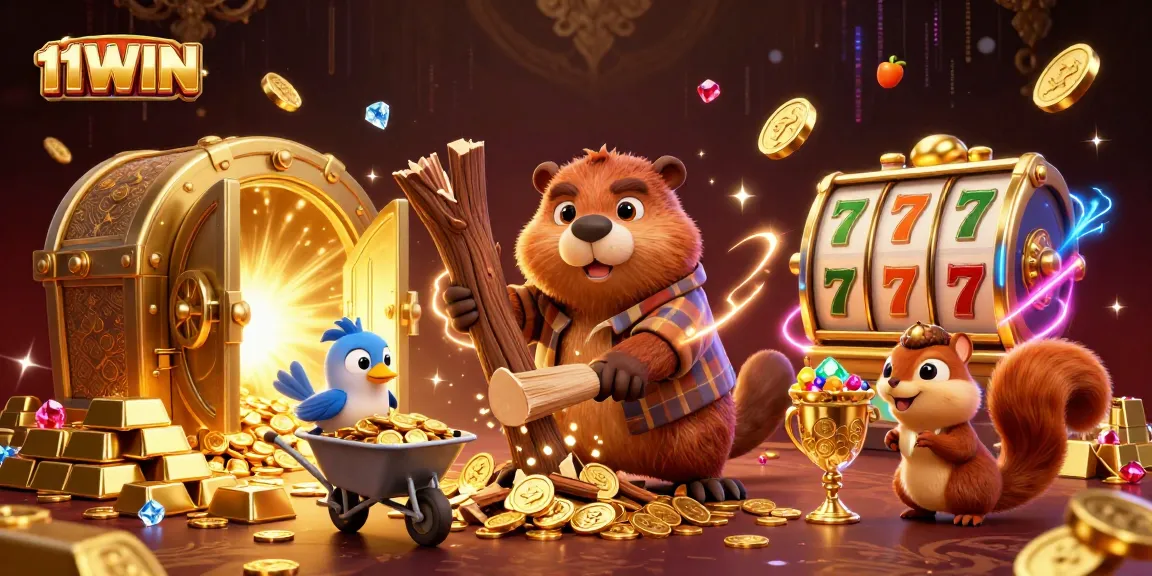 Engage with 11WIN's thrilling casino scene showcasing golden coins raining in a vibrant, richly detailed illustration.