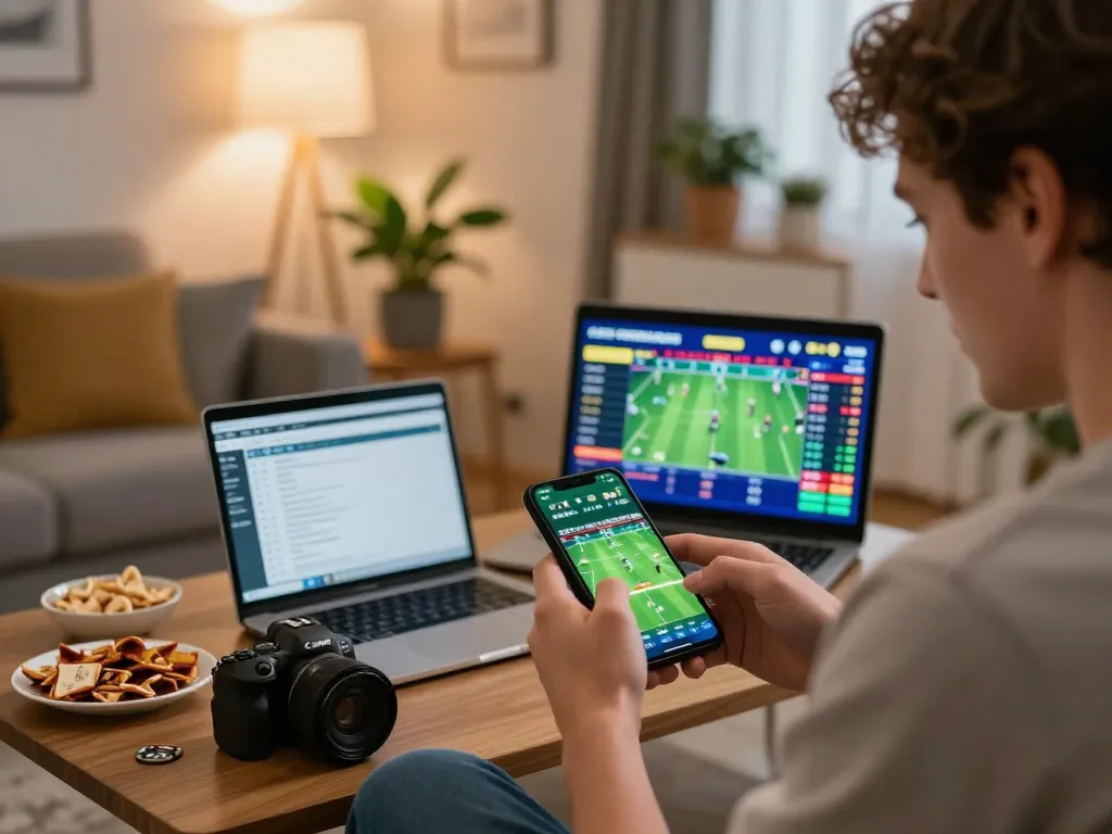 Player enjoying sports betting on smartphone at home, integrating LC88 into casual gaming experience.