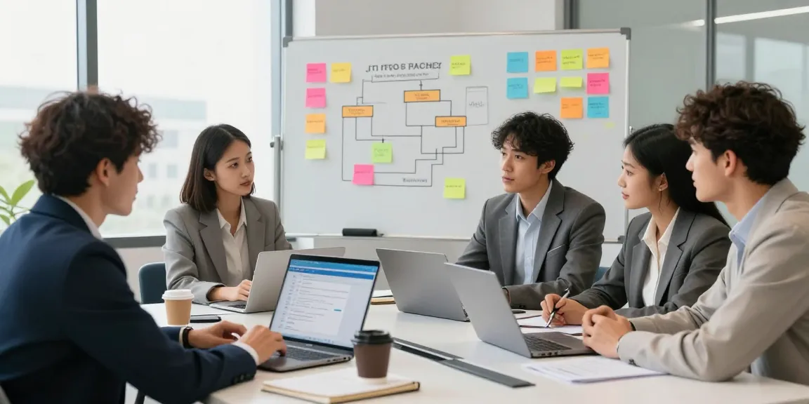 Team discussing the Official RTI Scheduler software in a modern office environment