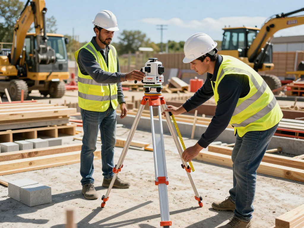 Contractor using Bosch GRL 250 HV rotating laser level for precise measurements on construction site