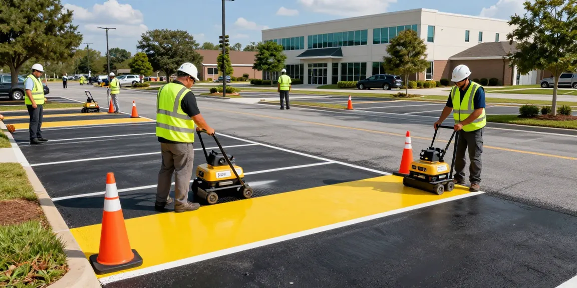 Mobile parking lot striping in progress with professional crew applying bright paint for enhanced visibility and safety.