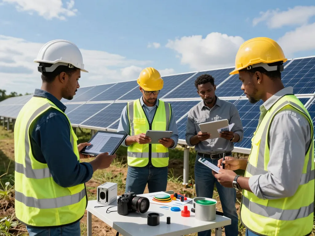 Site assessment team analyzing CO2-voetafdruk PV-modules en EPD for solar projects amidst solar arrays and eco-friendly tools.