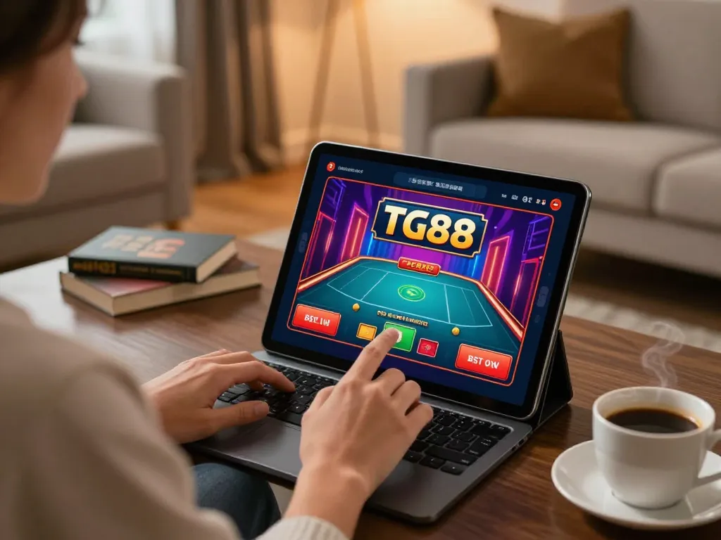 Engaging user plays casino games on TG88 app in a cozy living room setting