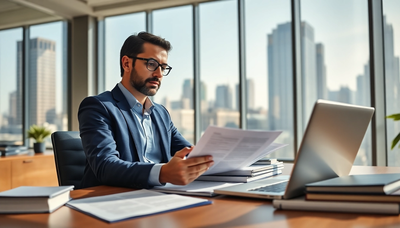 Consultant reviewing FCPA/DCAA/Flowdown/ITAR/EAR compliance documents in a bright office setting.