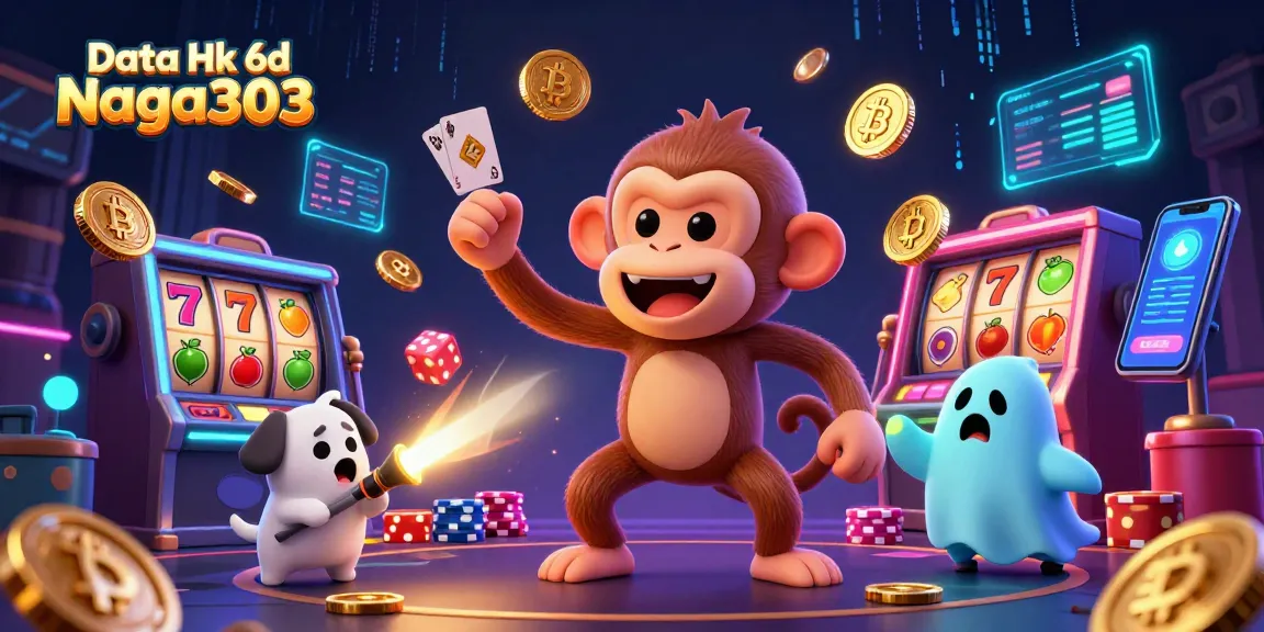 Engage with Data Hk 6d Naga303 in a vibrant gambling scene featuring a playful monkey and a curious puppy.