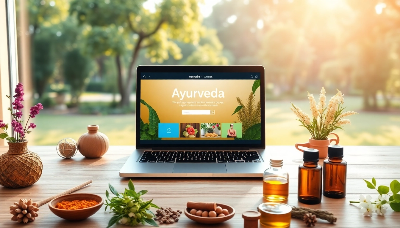 Engaging Ayurveda online courses showcased on a laptop, surrounded by natural herbs and oils.