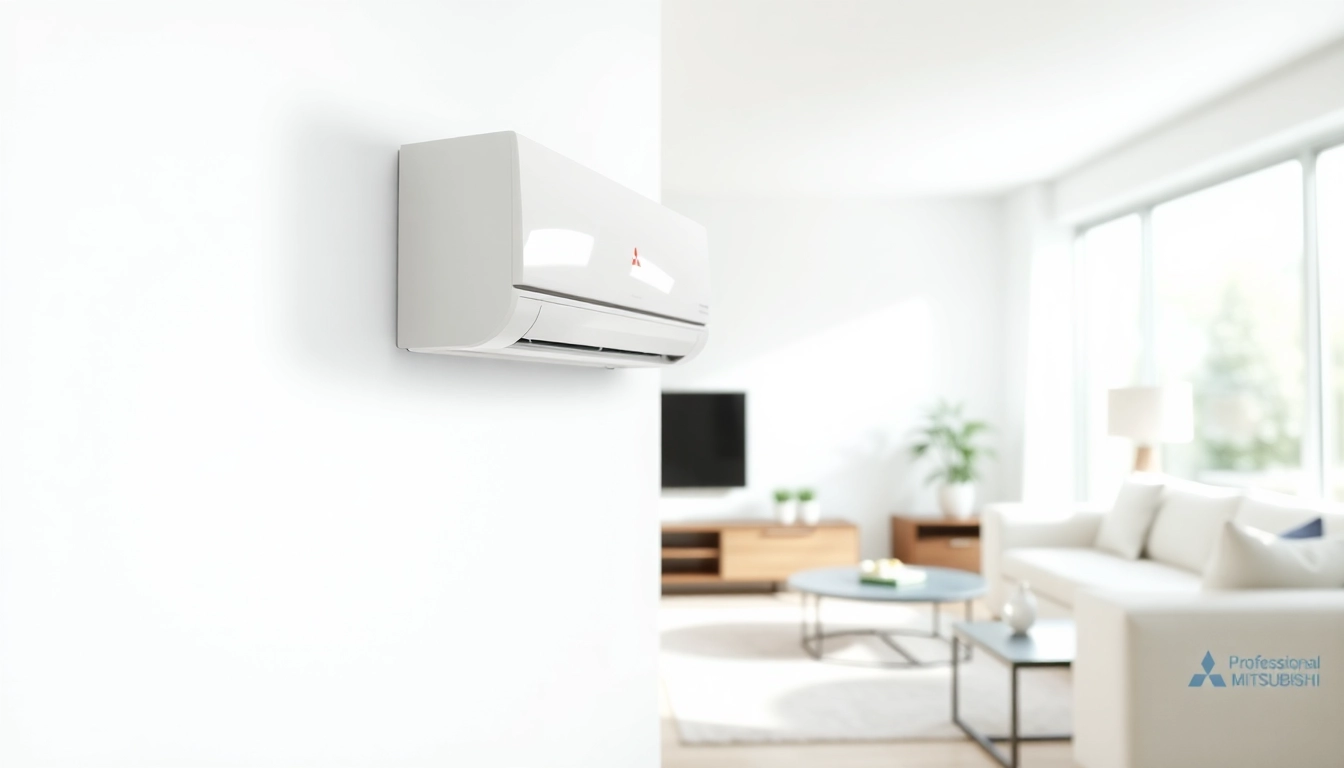 Mitsubishi mini split AC unit showcased in a stylish modern living room, highlighting its sleek design.