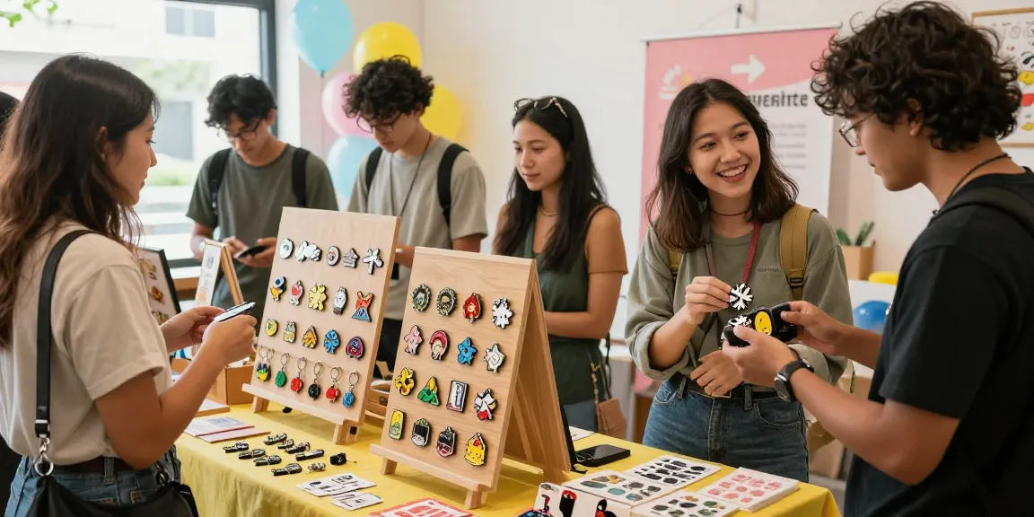 Engaging shopping scene featuring custom enamel pins and personalized accessories in a vibrant merchandise pop-up event.