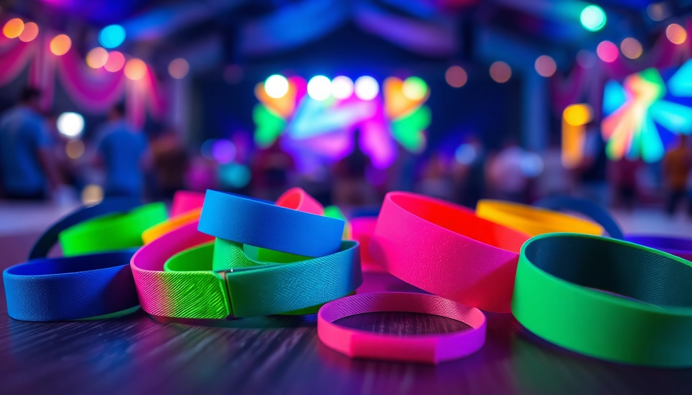 Farbenfrohes Einlassbändchen in einer lebhaften Festival-Szene, das verschiedene Texturen und Materialien zeigt.