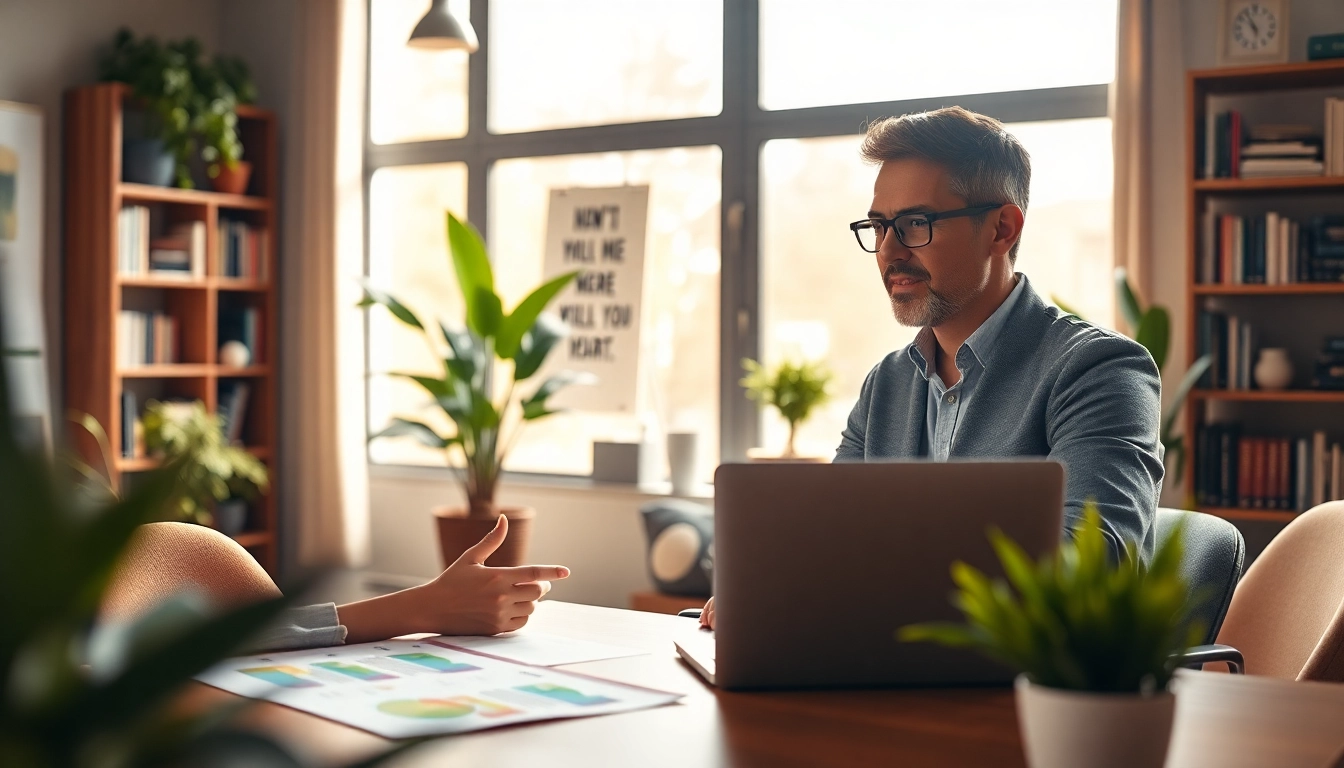 Engaging career coaching session in a modern office with warm lighting.