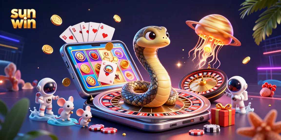 Experience thrilling gameplay at sun win with 3D cartoon characters and vibrant casino elements in the cosmic scene.