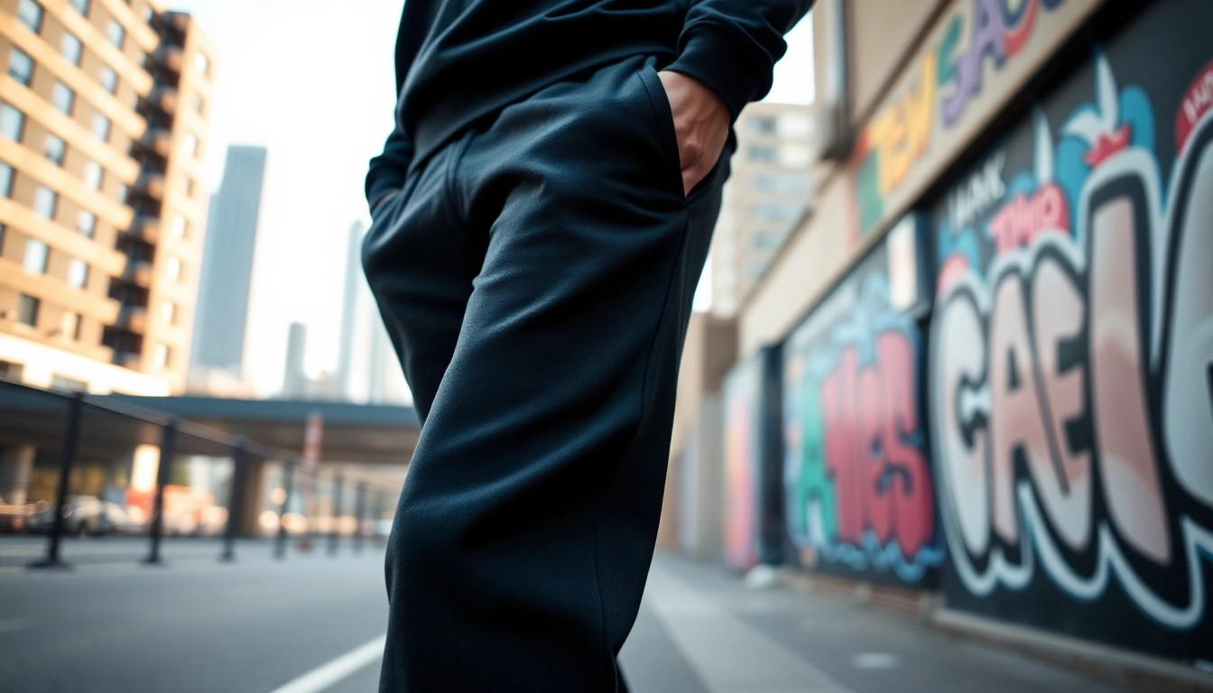 Person showcasing black sweatpants in a vibrant urban setting with street art.